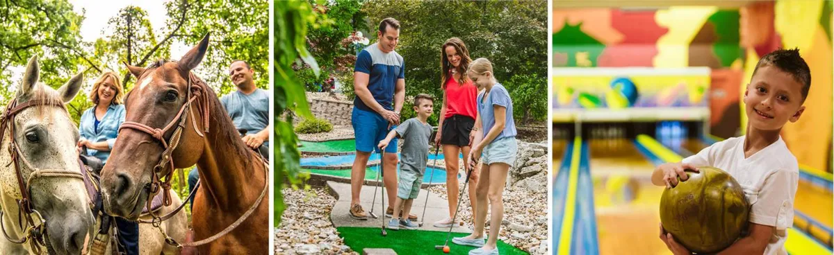A vibrant exterior image featuring a family engaging in various resort activities: horseback riding, mini-golf, and bowling. Horses stand ready for trail rides, while children and adults enjoy friendly games of mini-golf and bowling. The setting is lively and action-packed, embodying the fun, family-oriented spirit of the resort.